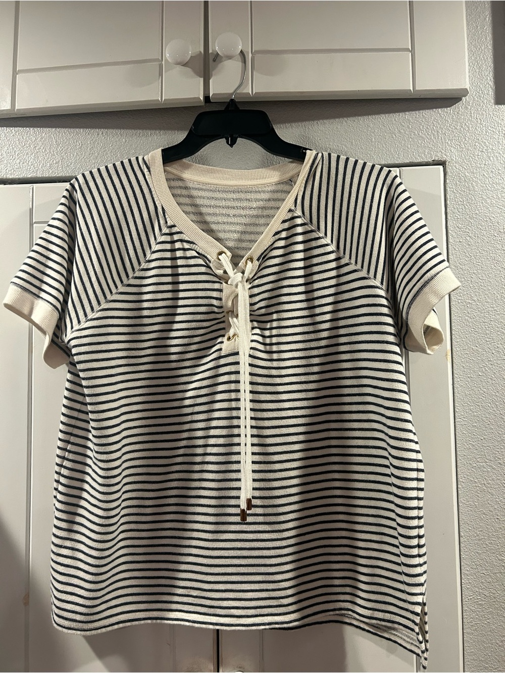 Striped Lace-Up Short Sleeve Top - Cream & Black